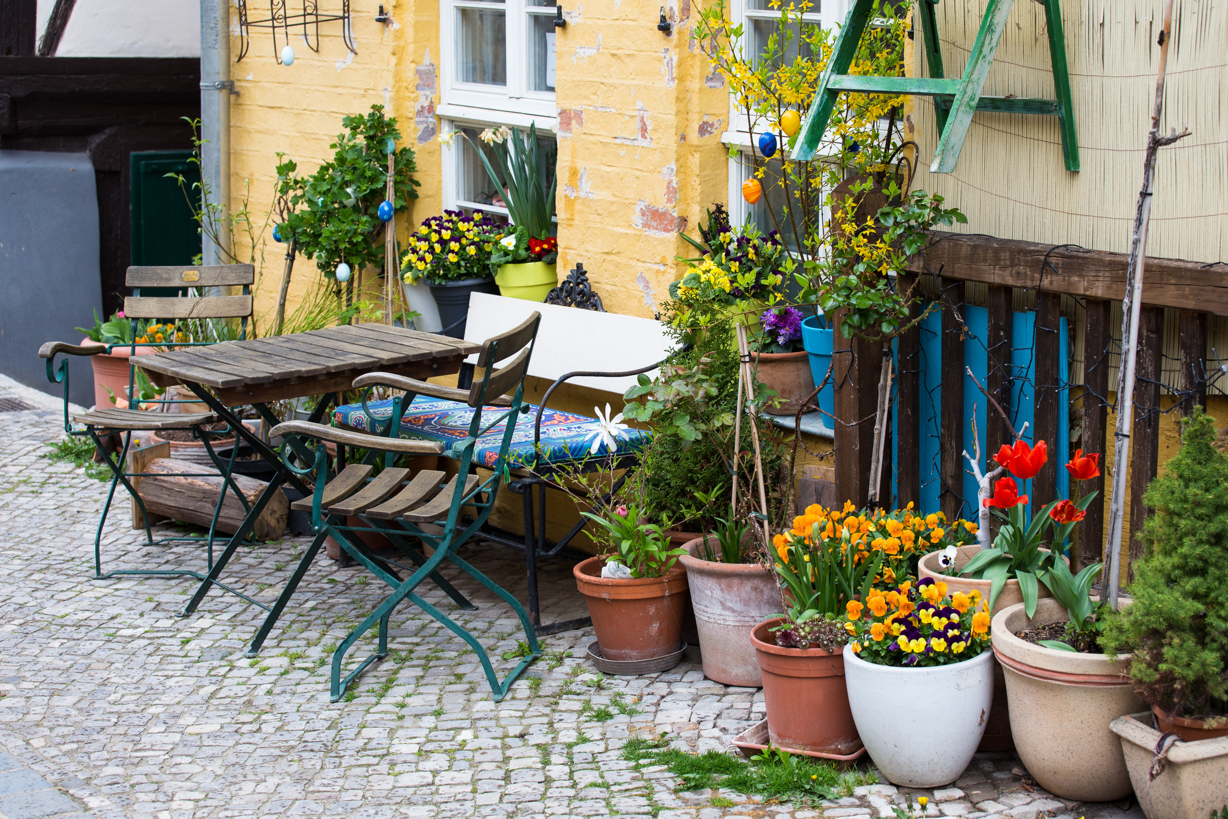 Tische, Stühle und Blumen vor einer Hauswand
