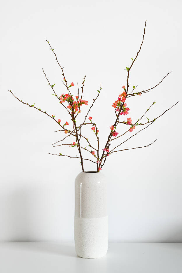 Vase mit Zweigen und Blumen